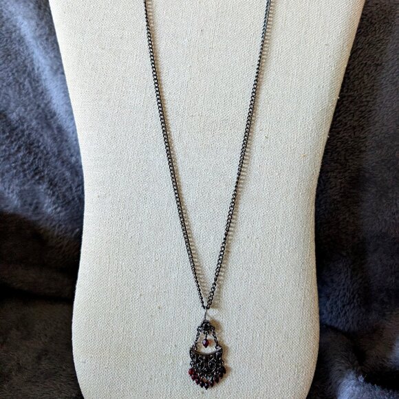 BLACK CHAIN WITH BLACK RED GEMMED, BEADED PENDANT #31 - Picture 1 of 3